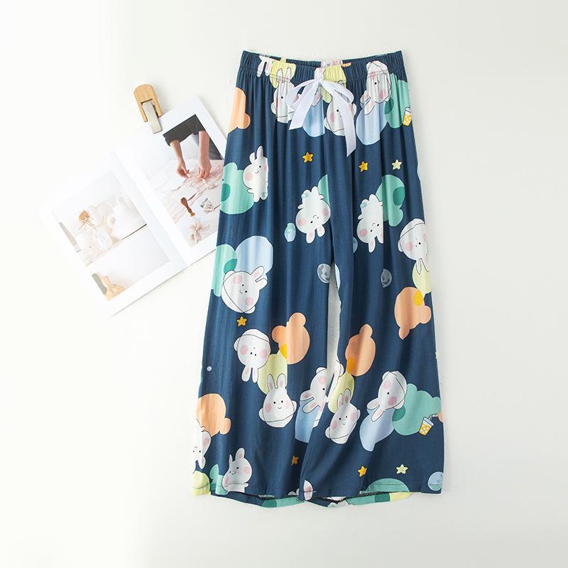 Женские пижамные брюки больших размеров из хлопка и вискозы, с мультяшным цветочным принтом, свободные девятиточечные пляжные брюки, для улицы