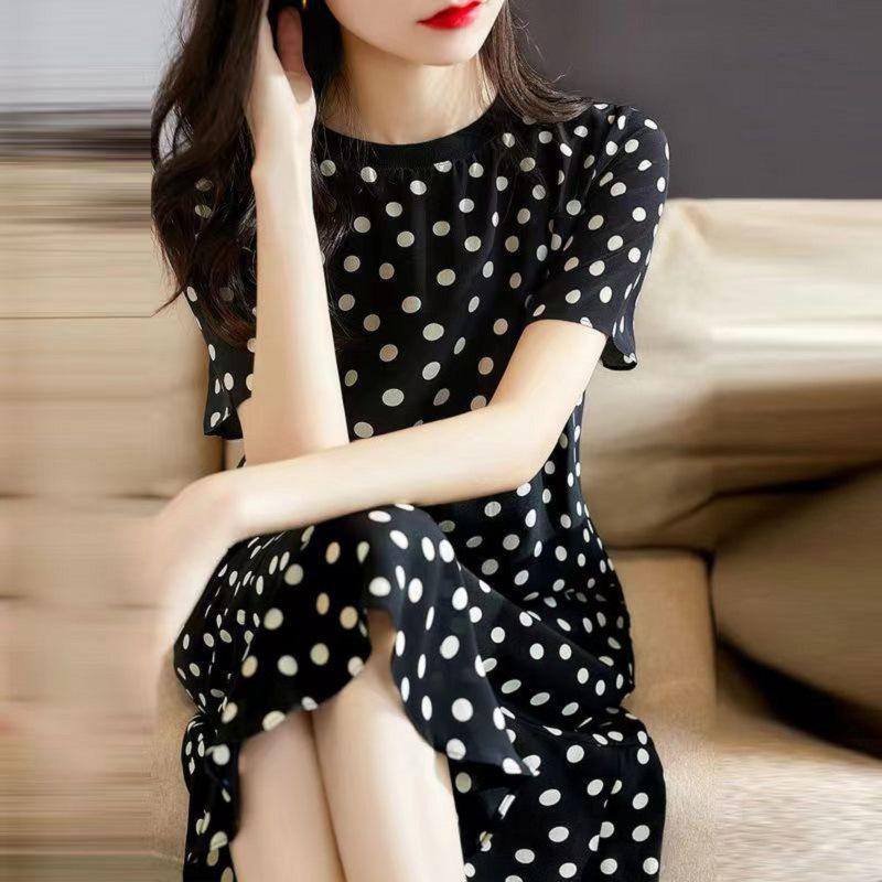 2023 Женская летняя ночная рубашка с коротким рукавом из хлопка и шелка с принтом