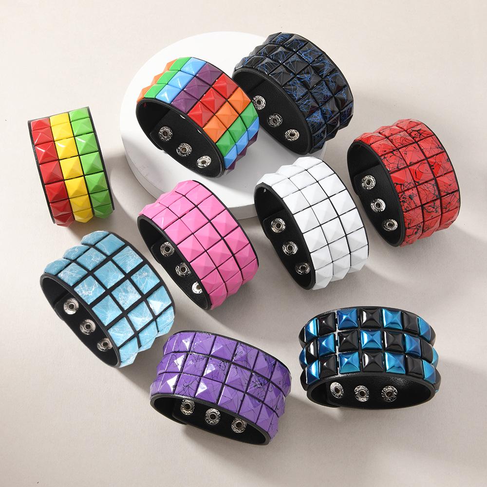 Multicolor Square Stud Faux Leather Bracelet - Punk Style