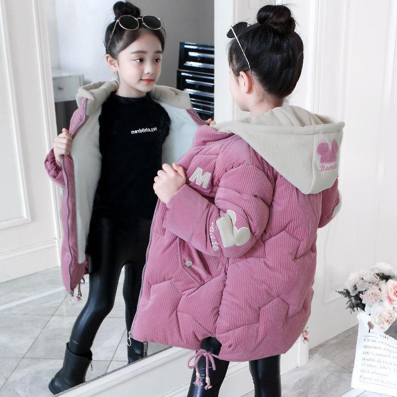 Girls' Mid-Length Cotton-Padded Jacket  Winter Thickened Casual Outerwear for Kids