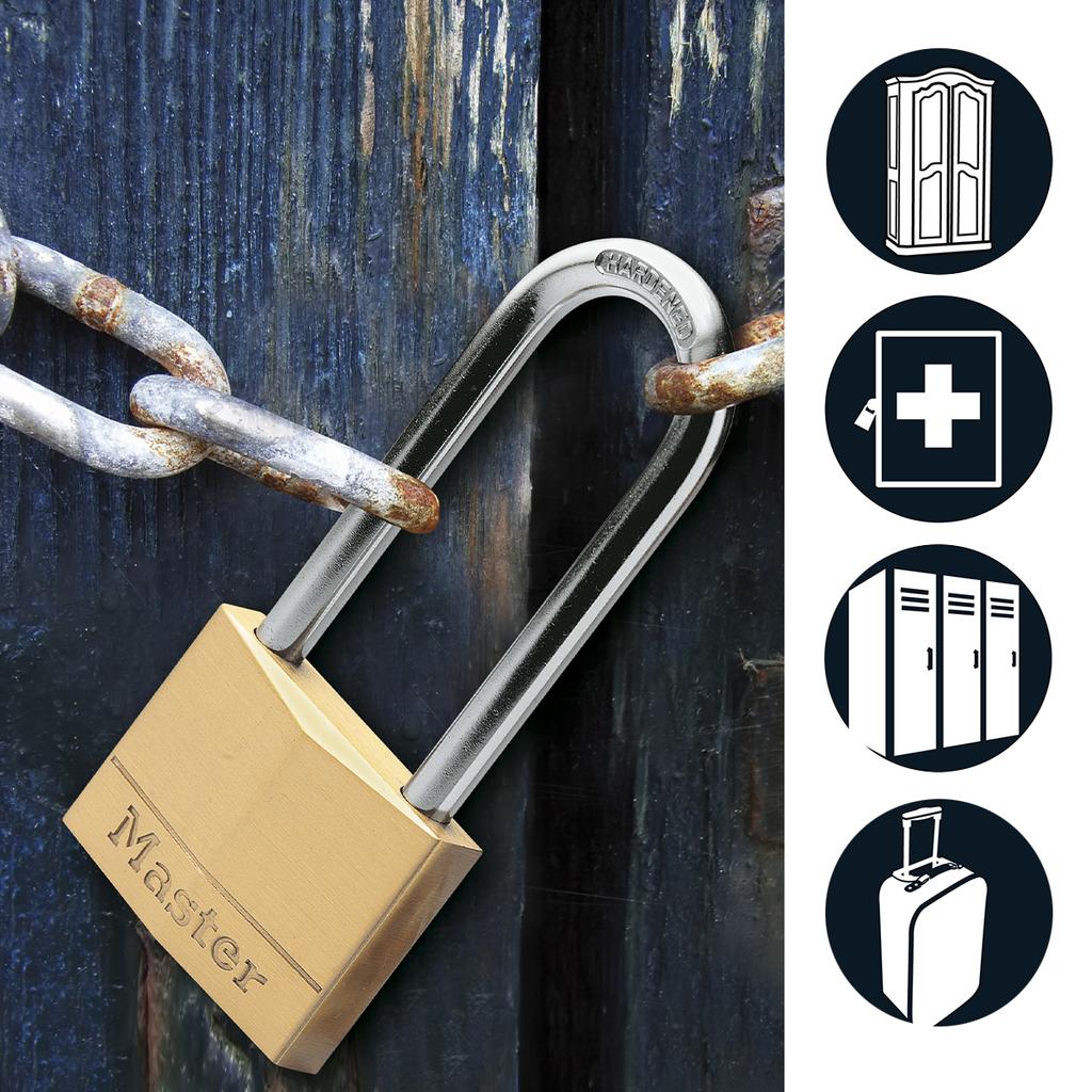 Master Lock Brass Padlock with Long Shackle, Key, 30x97x12 mm