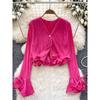 Long Sleeves Shirt Women 2024 Autumn Stylish V Neck Three-Dimensional Lace Ruched Bell Sleeve Versatile Short Top Women