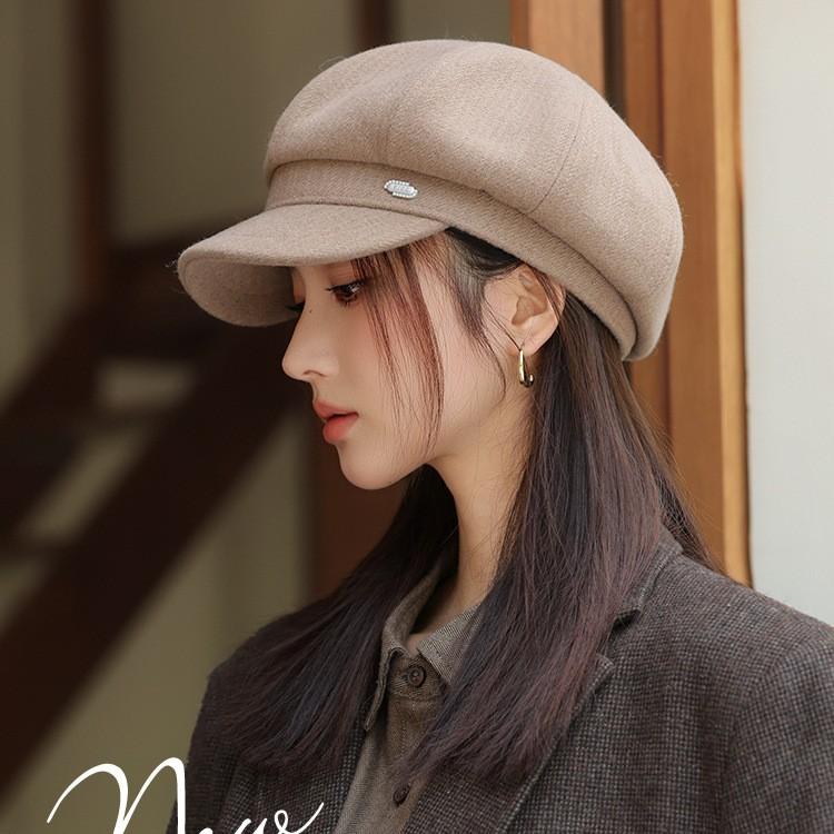 Autumn and winter premium woolen octagonal hat girls retro beige duck tongue painter hat trendy versatile newsboy hat