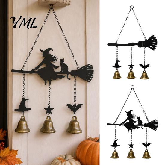 Garden Decor Wind Chime Halloween Witch Broom Chime, Holiday Party Decorative Hanging Bell Metal for Indoor Outdoor Patio Porch Decoration