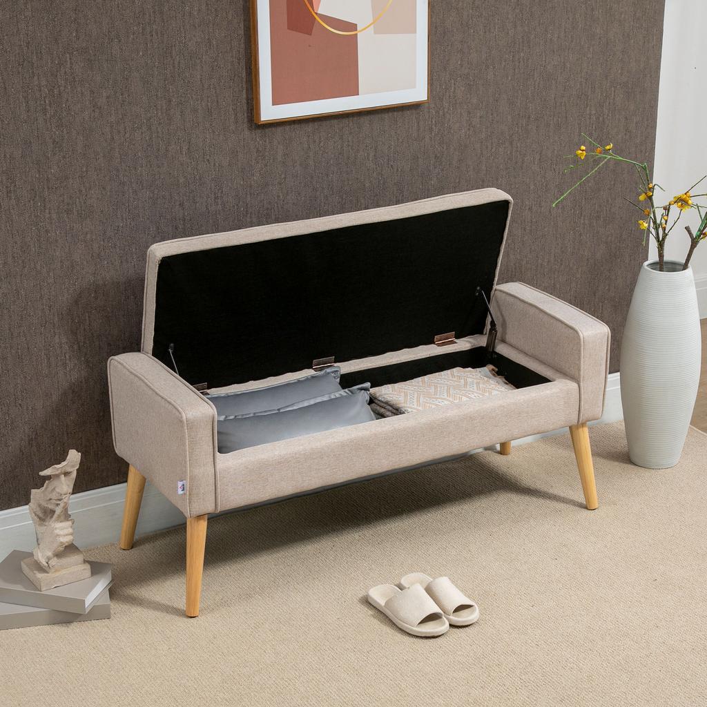 Linen Upholstered Storage Chest With Hinged Lid And Wooden Legs For Bedroom Living Room 120x45x54 Cm Beige