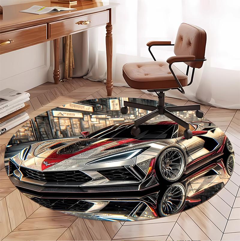 Chevrolet Corvette Pattern Round Rug, Indoor/Outdoor Mat, for Picnic, Gameroom, Bedroom, Office, Living Room, Home Decor Carpet, Birthday Gift