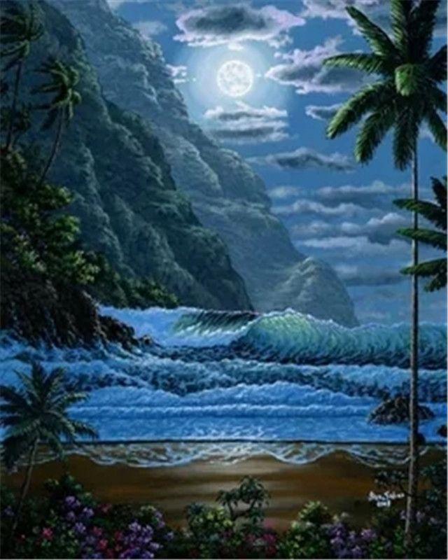 RUOPOTY DIY Painting By Numbers Moon Landscape Acrylic On Canvas Wall Art Picture By Numbers Seaside For Living Room