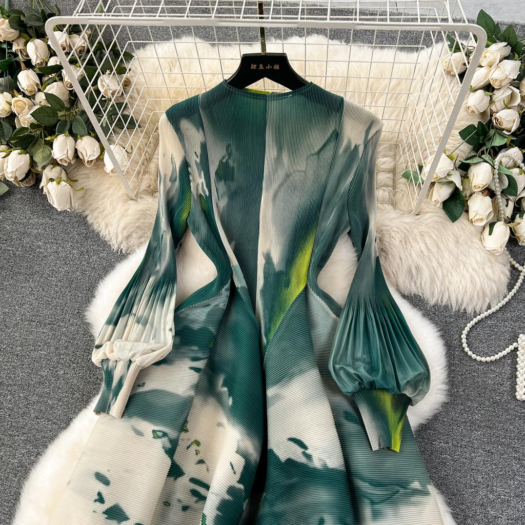 French Senior Temperament Luxury Dress Ladies 2024 Newest O-Neck Ruched Print Tie Dye Design Fashion Chic Long Dress