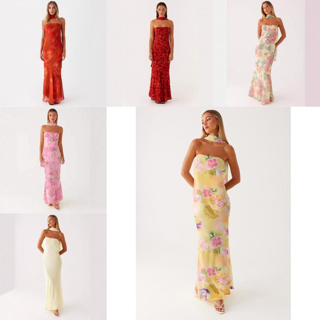 French Floral Chiffon Maxi Dress With Zipper For Summer Beach Vacation