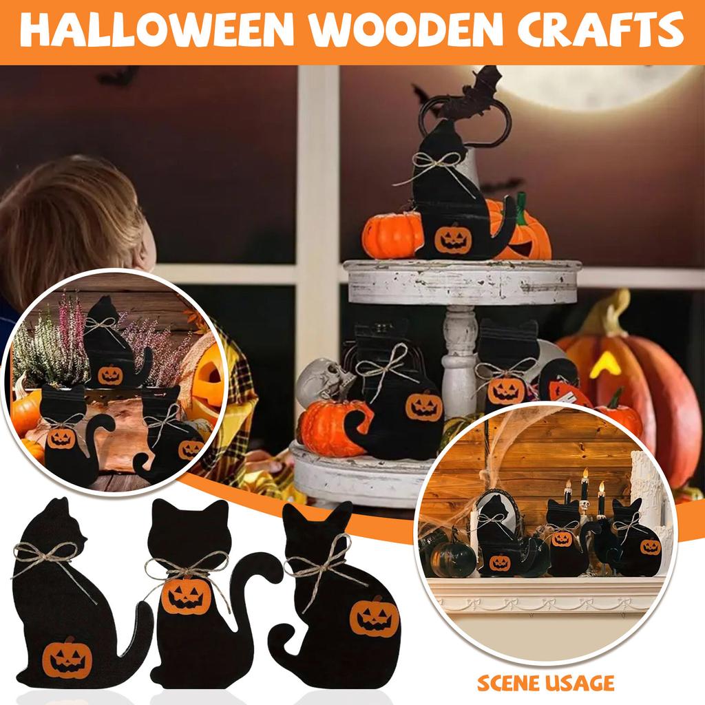 Halloween Black Cat Wood Table Cards Tiered Tray Decorations Rustic Halloween Tabletop Block Signs Fall Centerpieces Home Desk
