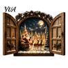 Rustic Wooden Window Frame Santa Claus Light, 3D Lighted Christmas Wall Decor, Warm LED Reindeer Snowy White Festive Lighting Village Scene,