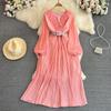 Vintage Spring Autumn Dresses V-neck Pleated Bubble Long Sleeve Robe Ruffle Gathered Waist A-line Beach Dress