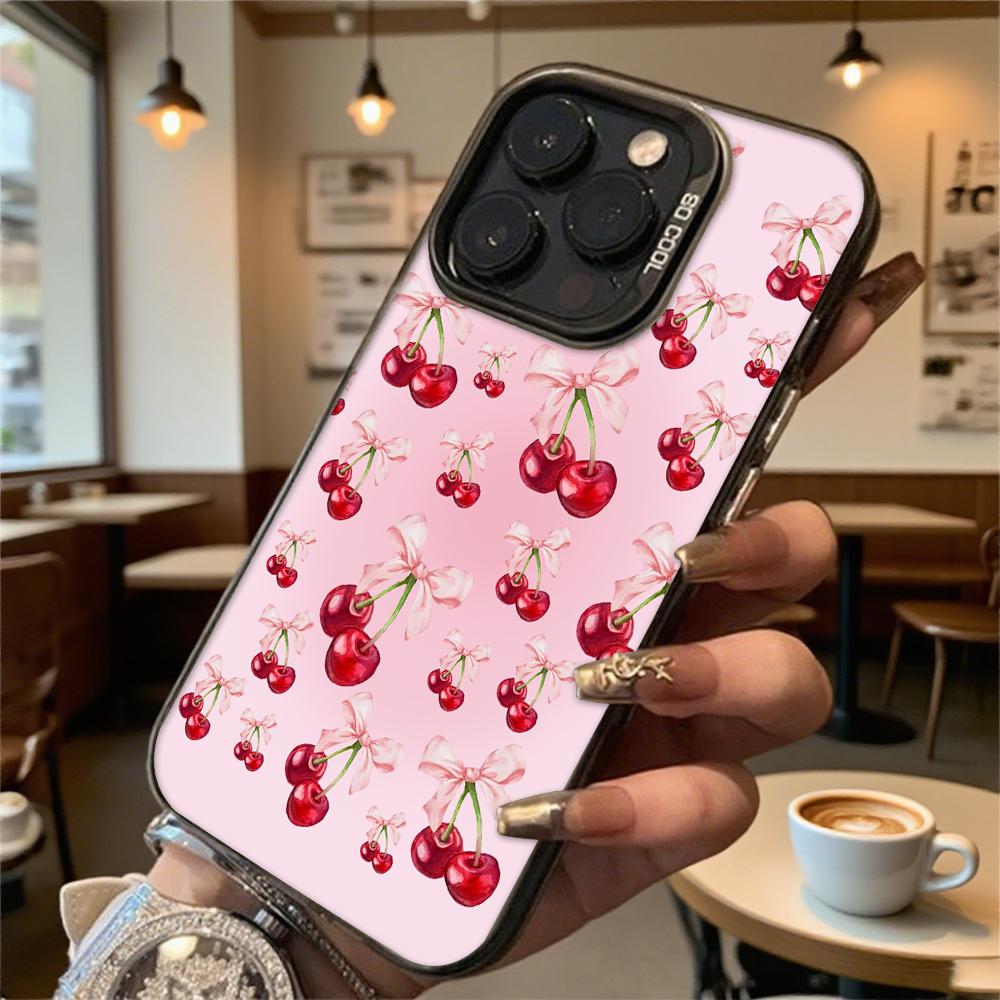 Ударопрочный чехол для телефона с рисунком «Вишня и Бант» для iPhone 16 15 14 13 12 11 Pro Max/Mini, Защита от царапин, Премиальная жесткая крышка