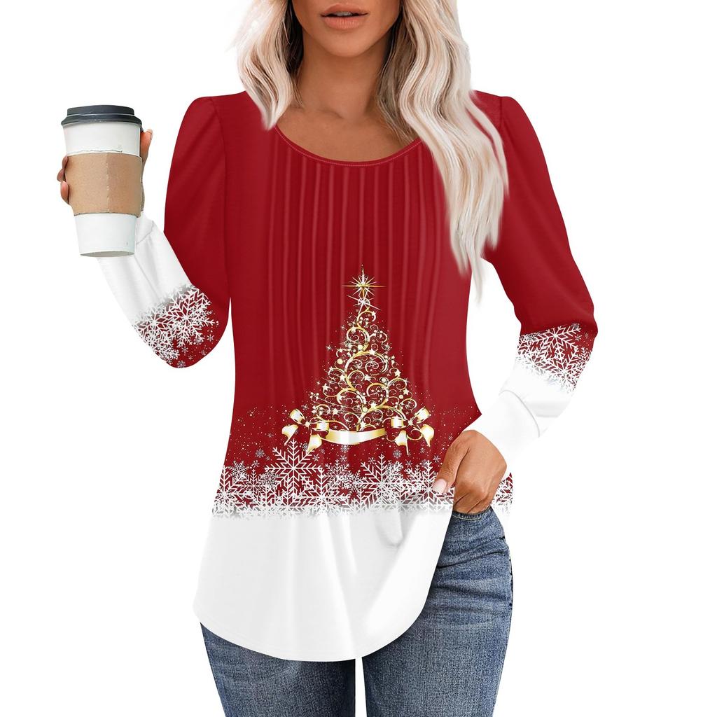 Рубашки с длинным рукавом для женщин, топы, нарядные повседневные блузки с рождественским принтом, плиссированные туники с круглым вырезом
