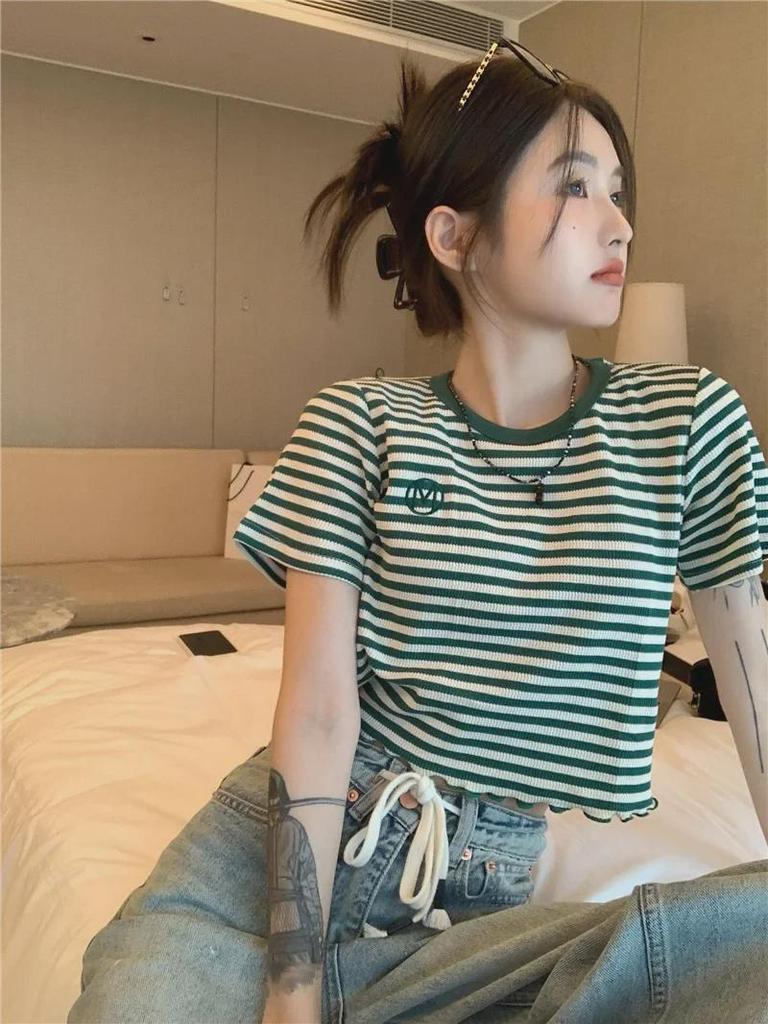 Women's Trendy Slim Striped Short-Sleeve T-Shirt - Korean Summer 2024 Design