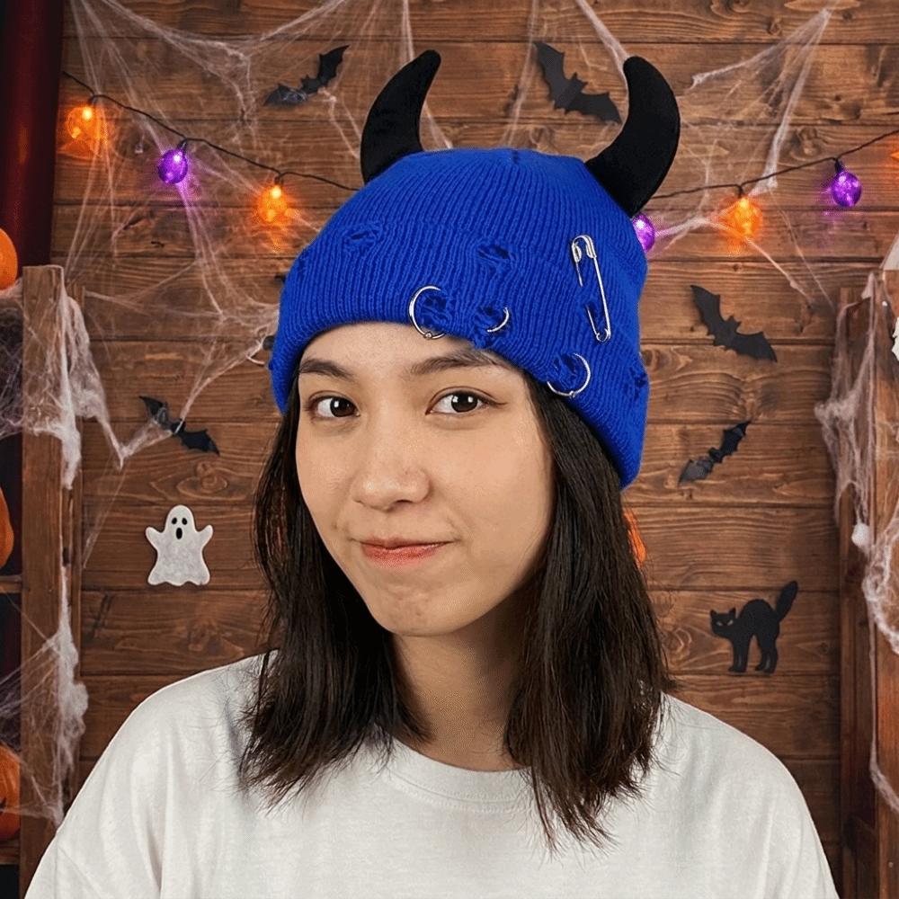 Yarn Devil Horns Hat Distressed Knitted Beanie Lovely Winter Pullover Cap Female/Male