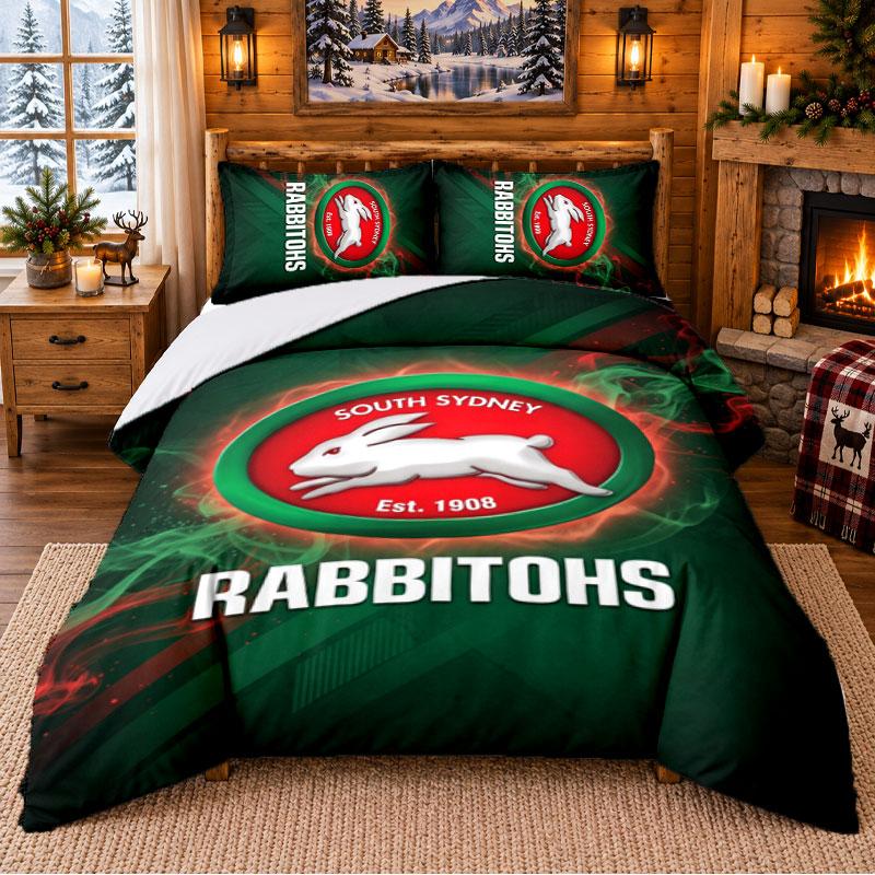 Printed 3Pcs Bedding Set South Sydney Rabbitohs Pattern Bed Sheet Pillowcase For Bedroom Decor