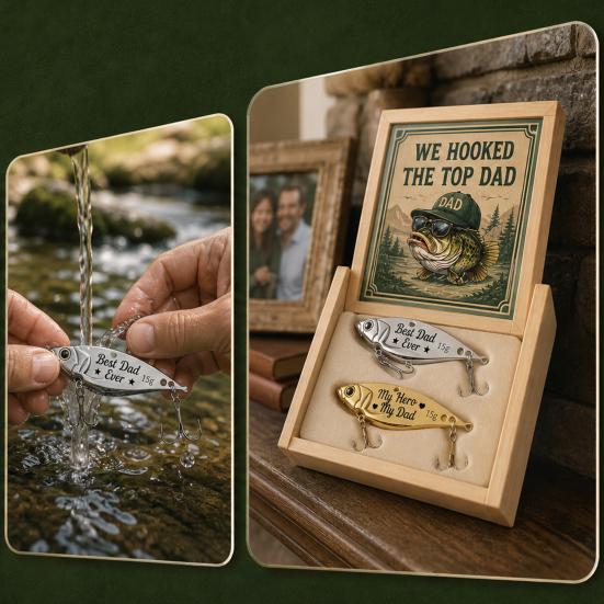 2 Pcs Fishing Lures with Wooden Box Set, We Hooked The Best Dad Personalized Engraved Fishing Lures, Father's Day Gift for Dad, Husband