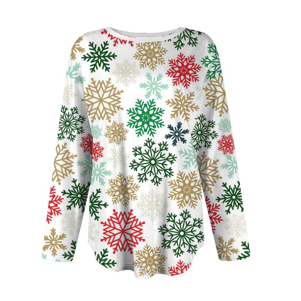 Женская модная повседневная футболка с круглым вырезом и длинным рукавом с рождественским принтом