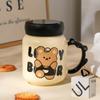 Зеркальная чашка с крышкой, керамическая чашка с рисунком медведя из мультфильма, молочно-желтая, милая девушка, открывающаяся подарочная кружка