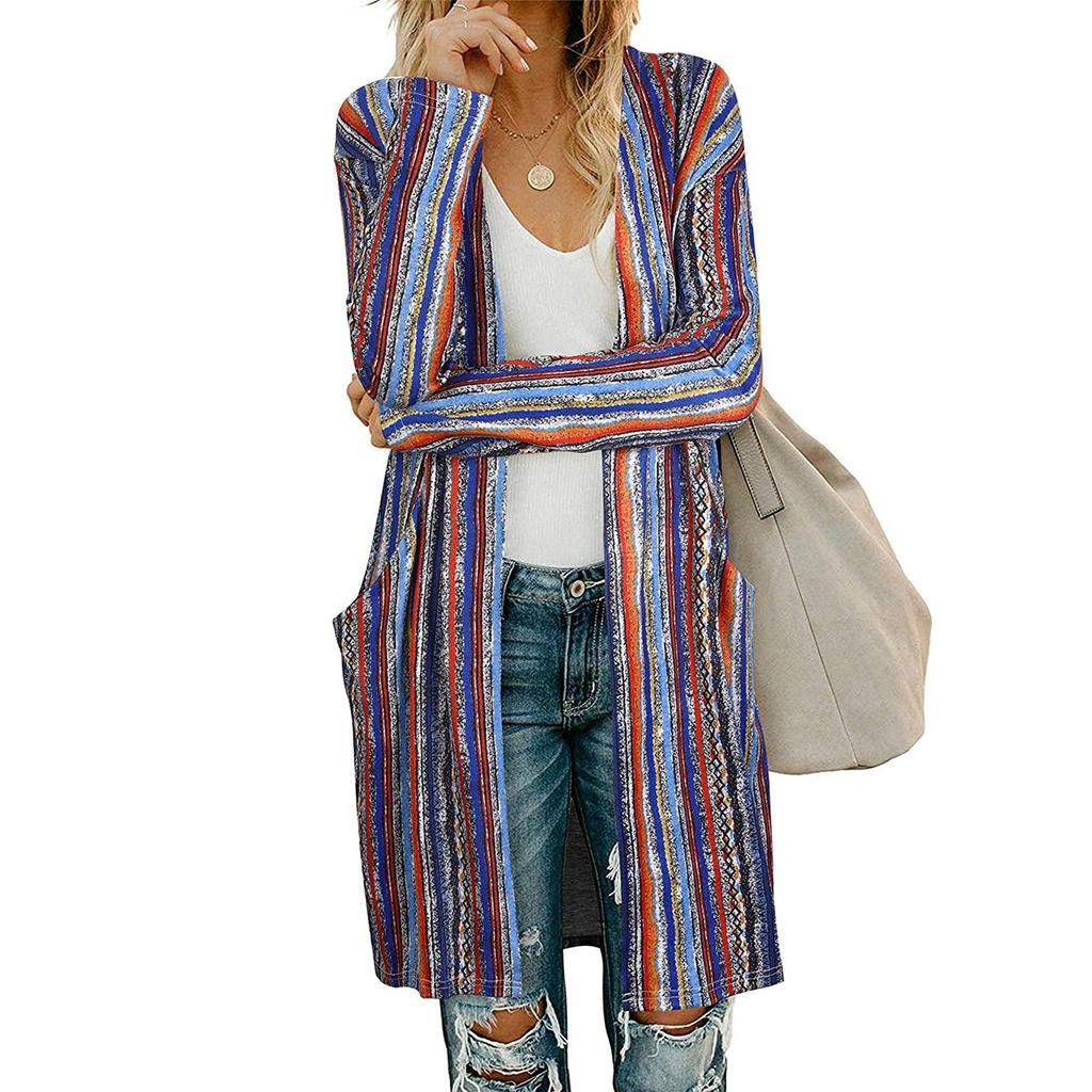Women's Fashion Casual Printed Pocket Cardigan Medium And Long Coat
