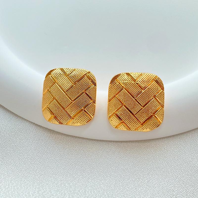 Gold Plated Geometric Square Irregular Stripe Earrings S925 Silver Needle