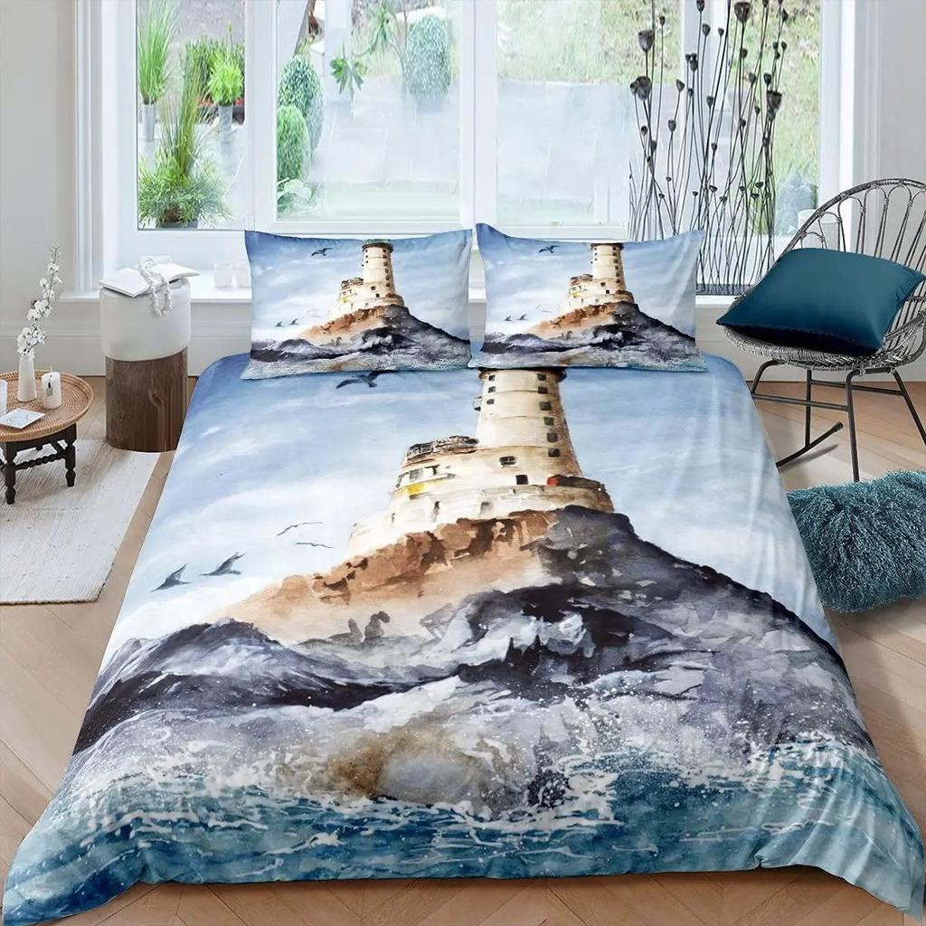 Vintage Nautical Anchor Duvet Cover Set Sailing Lighthouse Bedding Cover With Pillowcase Quilt Cover Three-Piece Set