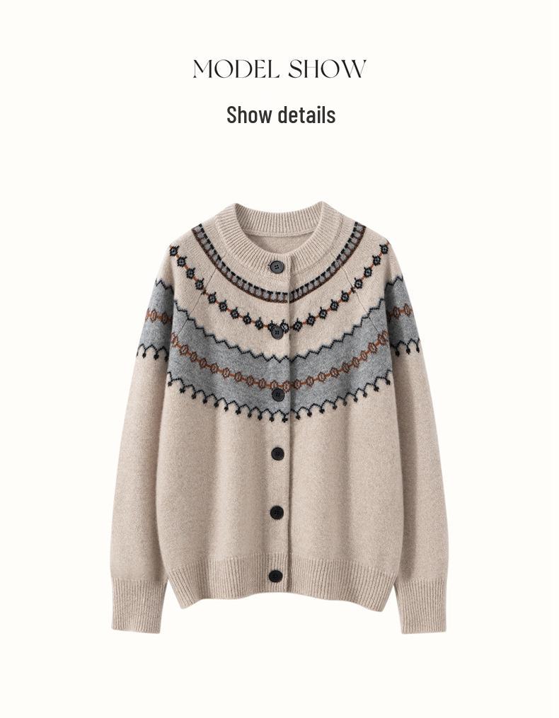 2025 Fall/Winter Striped Retro Women's Cashmere Sweater - Loose Round Neck Thick Cardigan with Long Sleeves