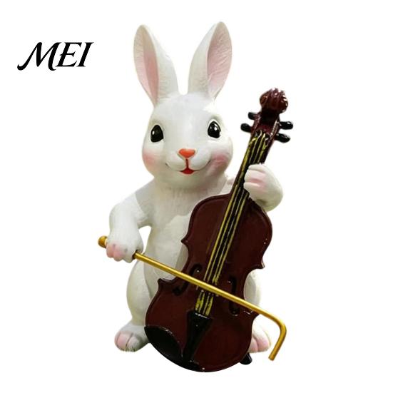 Hand Painted Resin Art Cute Rabbit Playing Violin Ornament, Synthetic Animal Figurine, Anthropomorphic Statue Realistic Sculpture, for Garden