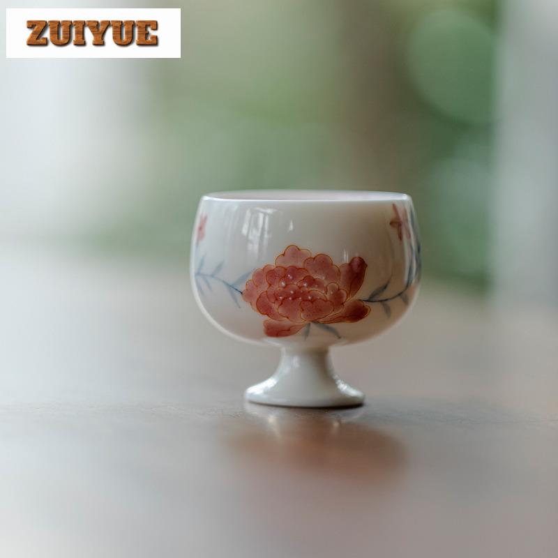 90ml Hand Drawn Peony Flower Teacup Arita Porcelain High Footed Tea Bowl Master Cup Meditation Cup Coffee Mug Tea Ceremony Gift