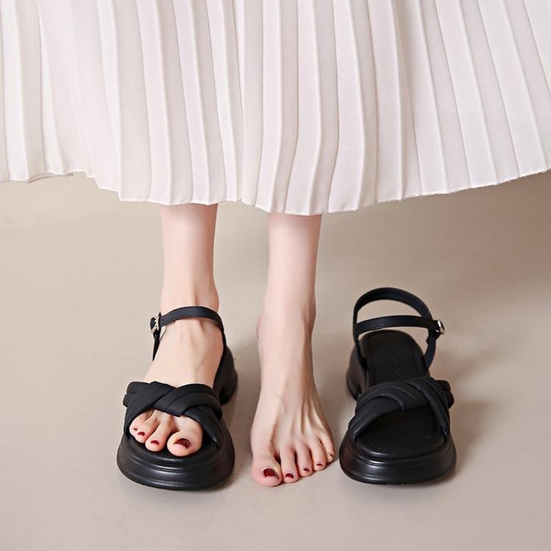 Сандалии женские летние новые повседневные с пряжкой из одного слова на толстой подошве простые однотонные женские туфли на толстом каблуке пляжная обувь Fairy Wind