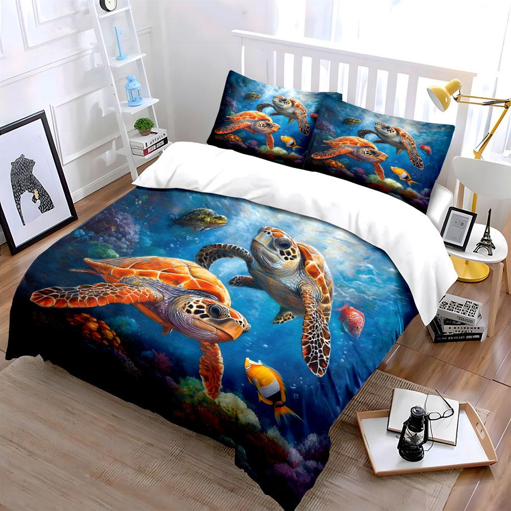 Sea Turtles and Tropical Fish Underwater Print Bedding Set 1 Duvet Cover 2 Pillowcases for Adult and Children Luxury Gift