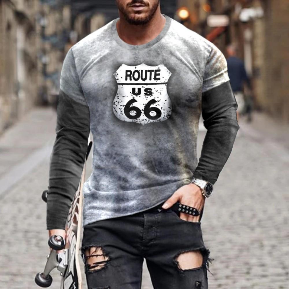 Винтажная футболка с графическим принтом Route 66 с длинным рукавом, Повседневная основа уличной моды