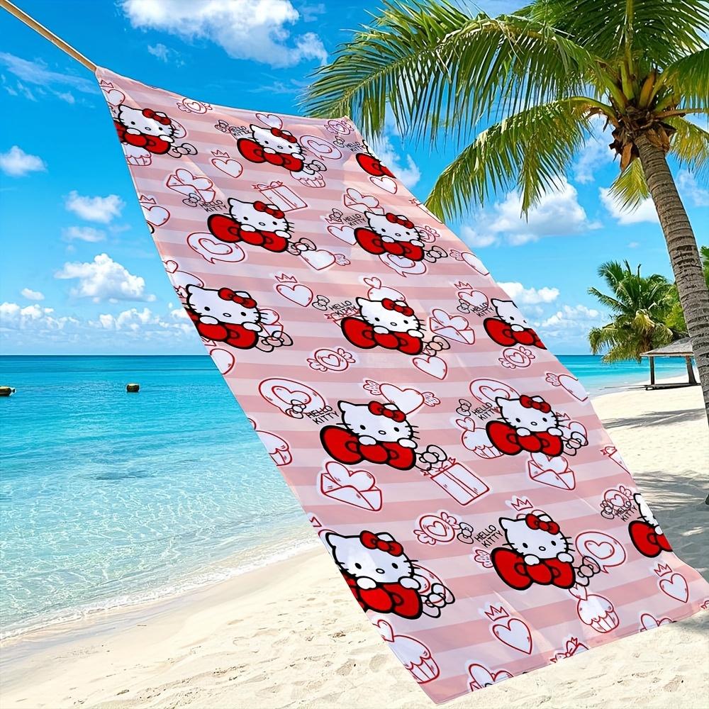 1pc Sanrio Hello Kitty Pink Stripe Print Beach Towel Polyester Quick Dry Lightweight Soft Towel for Swimming Surfing Camping Tra