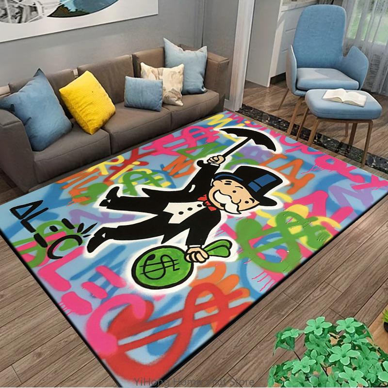 Playful Rich Man Game Monopoly Dollar Cartoon Carpet Rug for Bedroom and Living Room Non-slip Floor Mat Decorative Sofa Doormat