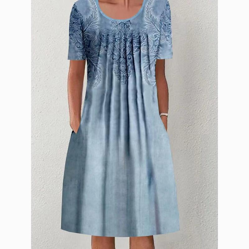 Весенне-летнее повседневное платье больших размеров с цветочным принтом для женщин, элегантное свободное длинное платье трапециевидной формы, женские платья с карманами и круглым вырезом 24063