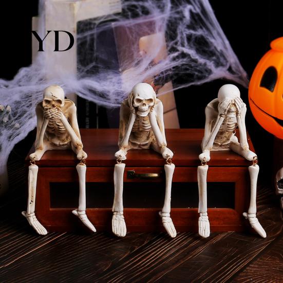 Realistic Resin Skeleton Ornament Halloween Statue, See Speak Hear No Evil Figurines, Props Collectible Skull Decoration for Indoor Mantel Table
