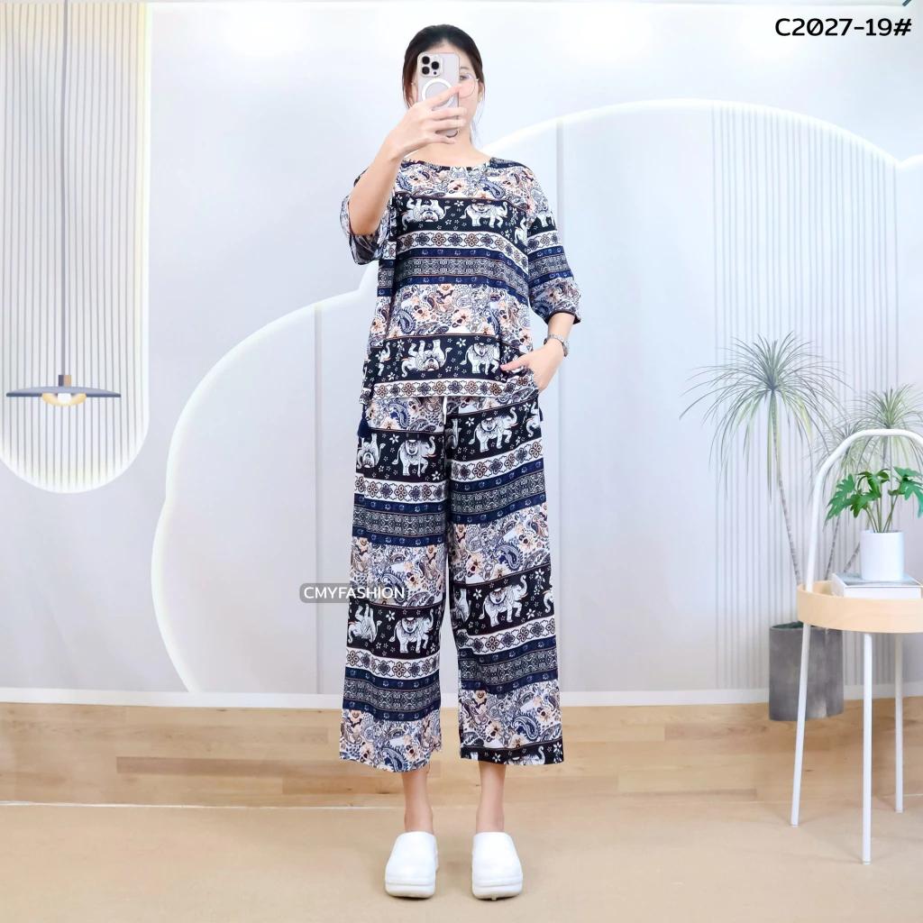 Слон Штаны Шорты Рубашка Комплект Круглый Вырез Укороченный Короткий Рукав Регулируемый Эластичный Пояс Завязка Женский Принт Повседневный Пляжный Бохо Богемный Ретро Винтаж