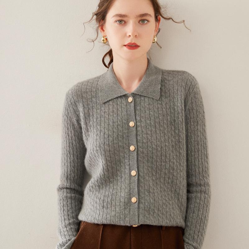 Women's Twist Pattern Polo Collar Wool Cardigan - Autumn/Winter Slim Fit Cashmere Knit Sweater