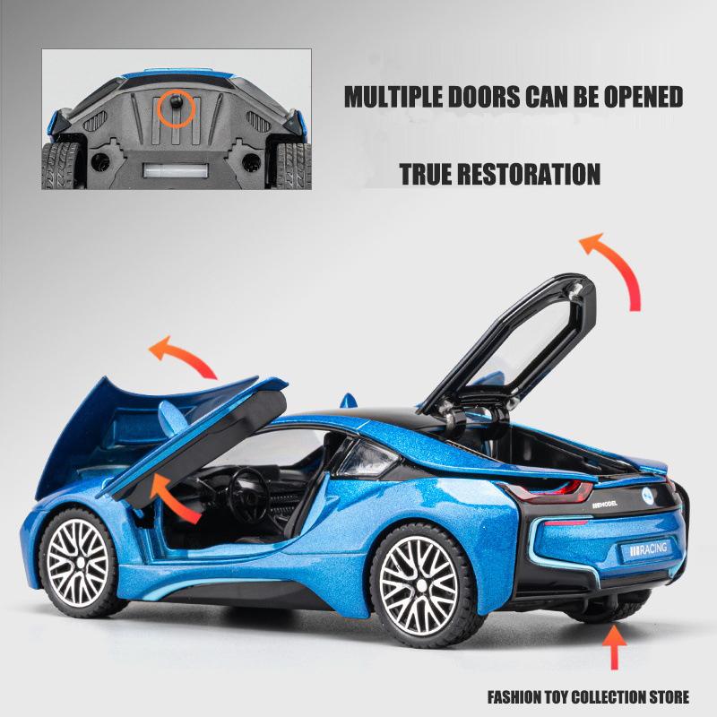 Новый 1: 32 I8 литая модель автомобиля с высокой имитацией, литая игрушка со звуком и светом, инерционные транспортные средства, декоративные игрушки для детей, подарок