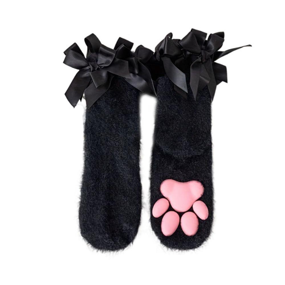 Coral Velvet Cat Paw Plush Socks Paw Pads Bowknot Warm Socks Y2k 3D Cat Paw Socks  Gift