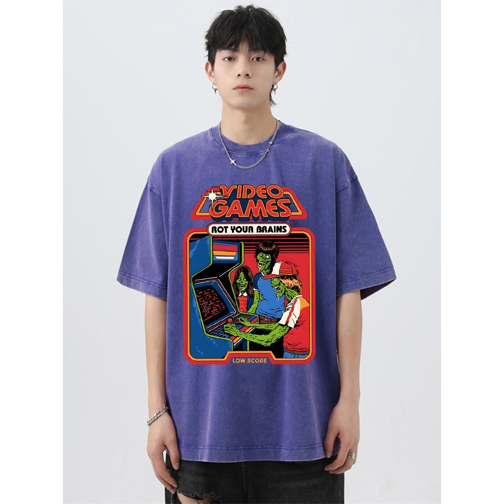 Video Games Rot Your Brains Printing Washed Retro Male Tshirt Oversized Loose T Shirts Cotton T Shirts Breathable