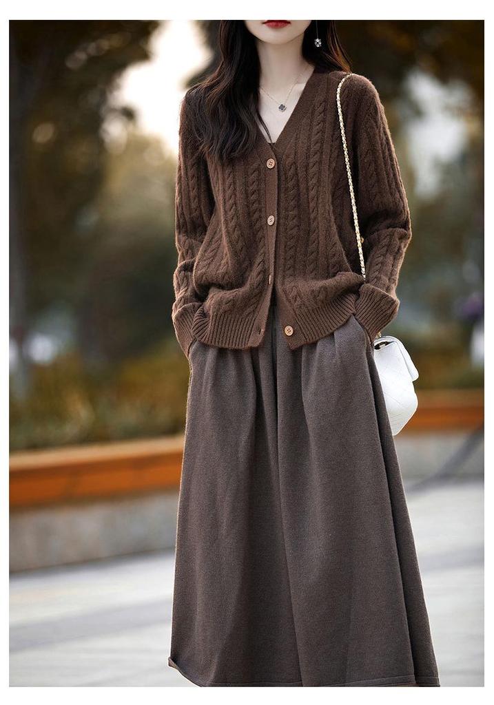 2026 Spring/Autumn Women's V-neck Wool Cardigan Sweater: Slimming, Loose-Fit, Lazy Style Knit Outerwear.