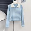 Полосатая свободная трикотажная футболка с длинными рукавами и лацканами для женщин с осенним дизайном и стильным верхом на молнии