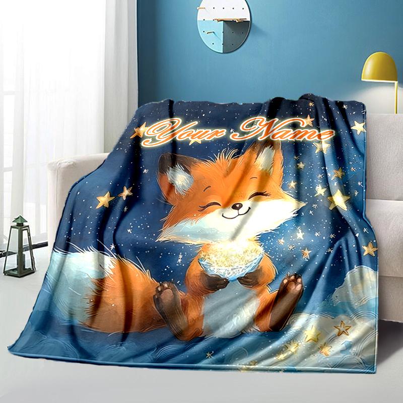 1PC Custom Name Fox Stars flannel blanket versatile,all-season throw suitable for the living room,bedroom,camping,travel,and gift