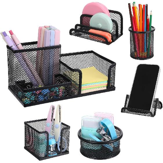 Mesh Pen Holder for Desk Pencil Holders 6 Pieces Desk Organizer Office Supplies Caddy with Sticky Notes Holder for Office School Home Black