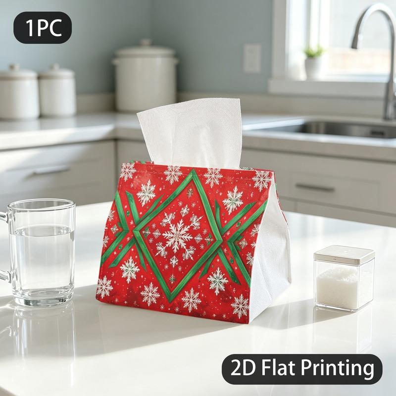 1pc Tissue Box, Christmas Style Snowflakes Green Winter Cheer Pattern, 2D Flat Printing, Lightweight, Can Be Washed, Tissue Holder, for Washrooms, 2D