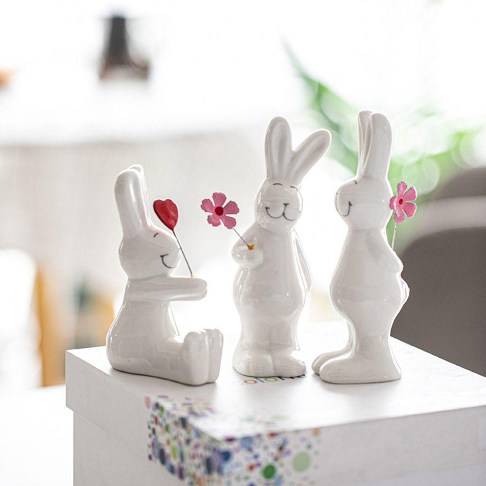 3pcs Handicraft White Rabbit Ornament Cute Animal Sculpture Couple Rabbit Figurine New Year