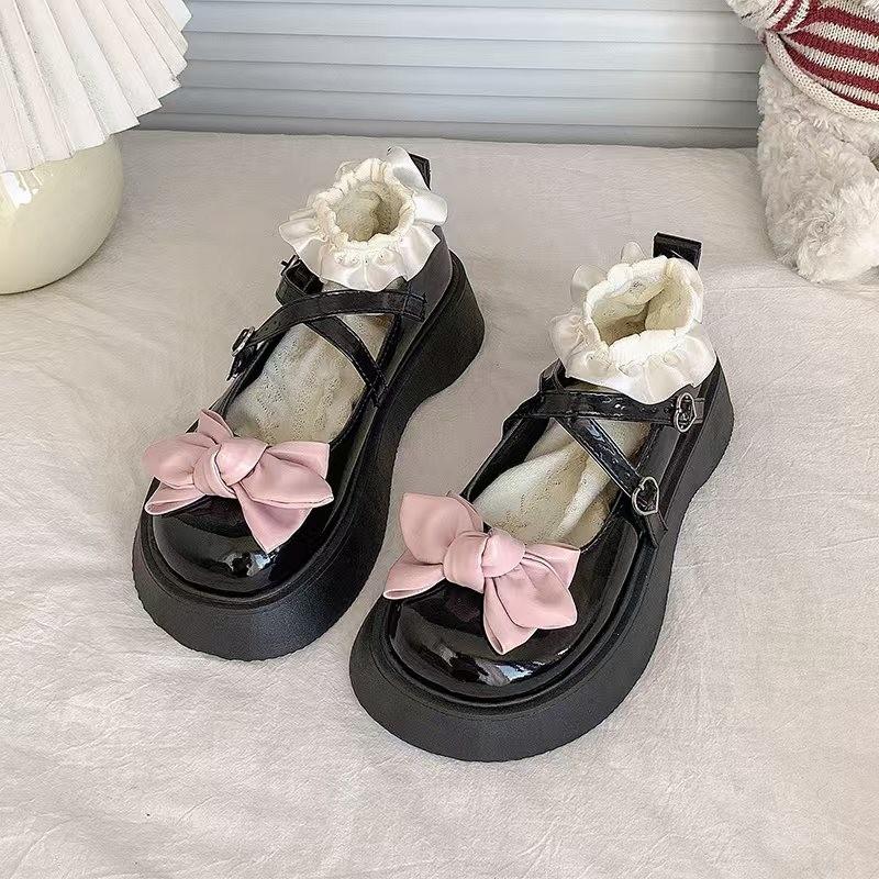 JK маленькие кожаные туфли женские весна и осень толстая подошва бант 2025 новые круглые японские туфли Лолита Мэри Джейн