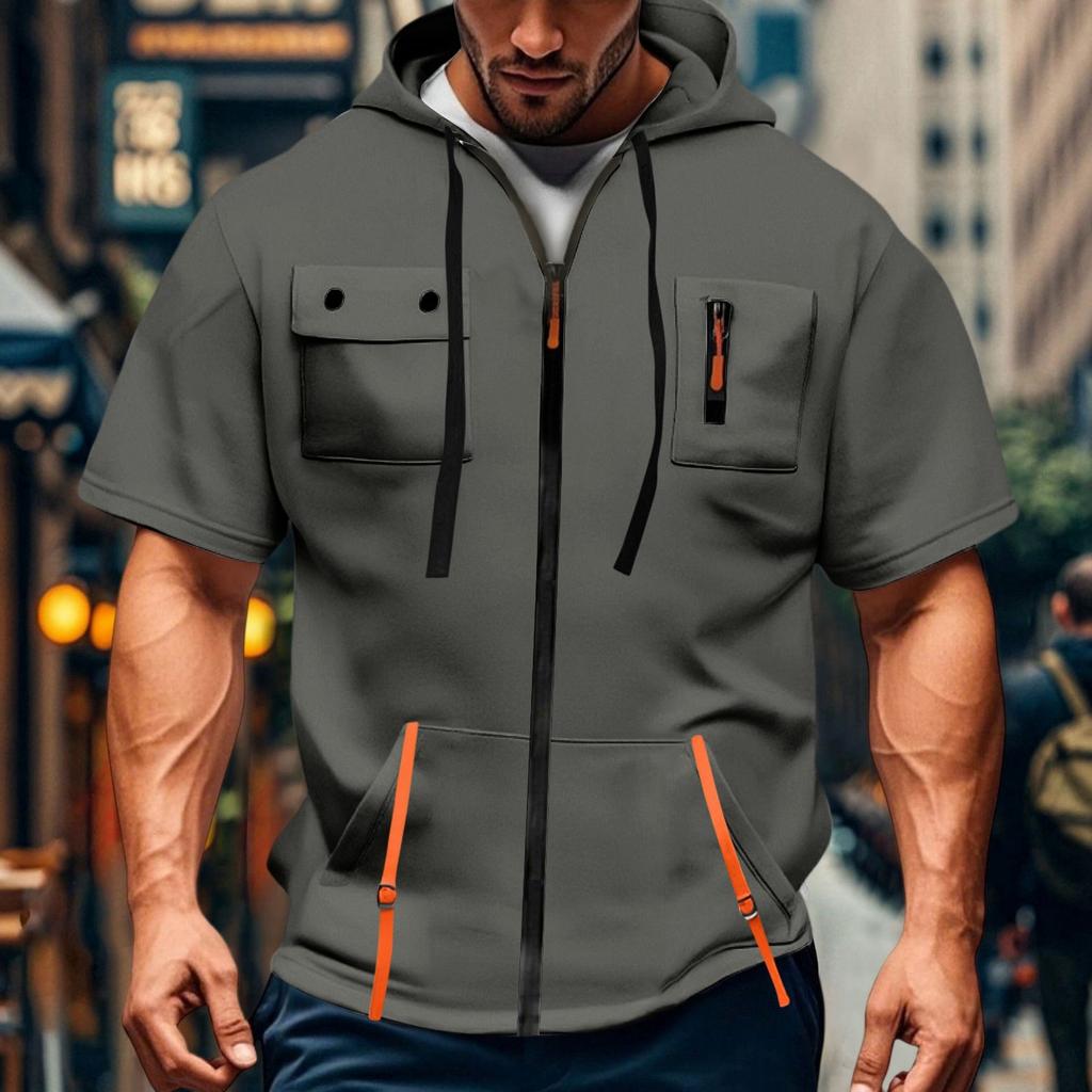 Men's Casual Short-sleeved Sweatshirt. Loose And Breathable Solid-color Sweatshirt Jacket With Multiple Pockets And A Zipper.